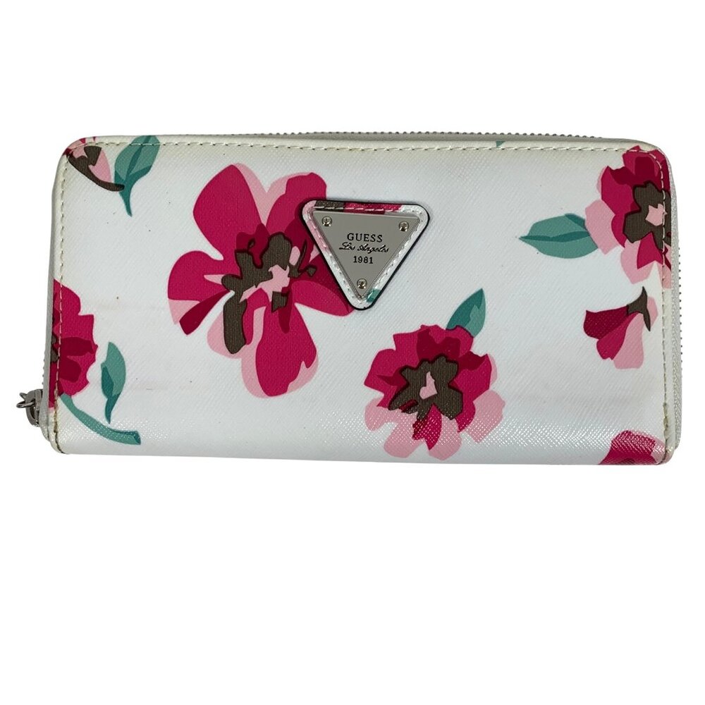GUESS Pink/Green Floral Poppy Wildflower Zip Around Continental Wallet